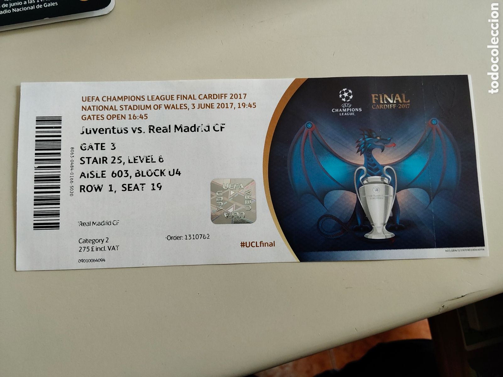 Coleccionismo deportivo: Ticket entrada a partido final Champions league futbol a&ntilde;o 2017 Real Madrid Juventus Turin + Folleto