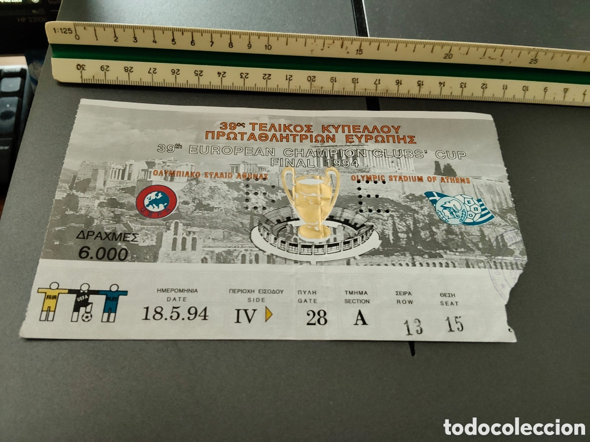 Coleccionismo deportivo: Ticket entrada a partido final Champions league futbol a&ntilde;o 1994 Barcelona Milan AC