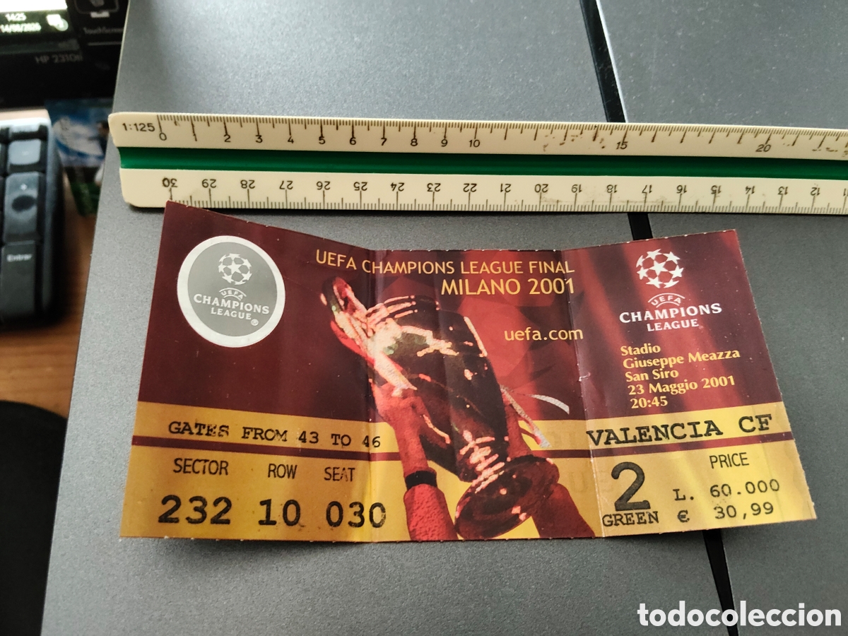 Coleccionismo deportivo: Ticket entrada a partido final Champions league futbol a&ntilde;o 2001 Valencia CF Bayern Munich
