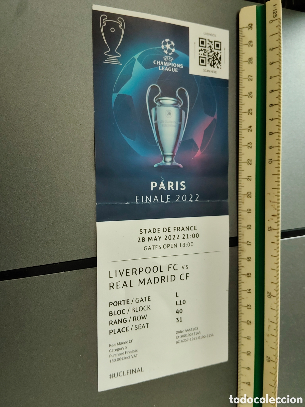 Coleccionismo deportivo: Ticket entrada a partido final Champions league futbol a&ntilde;o 2022 Real Madrid Liverpool