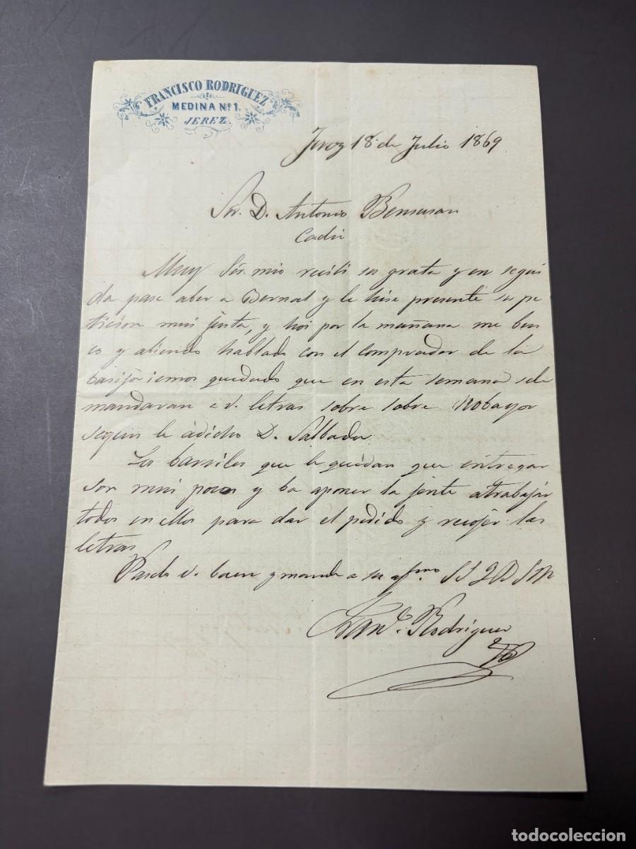 Coleccionismo deportivo: CARTA DE FRANCISCO RODRIGUEZ A ANTONIO BENSUSAN. JEREZ, 1869.