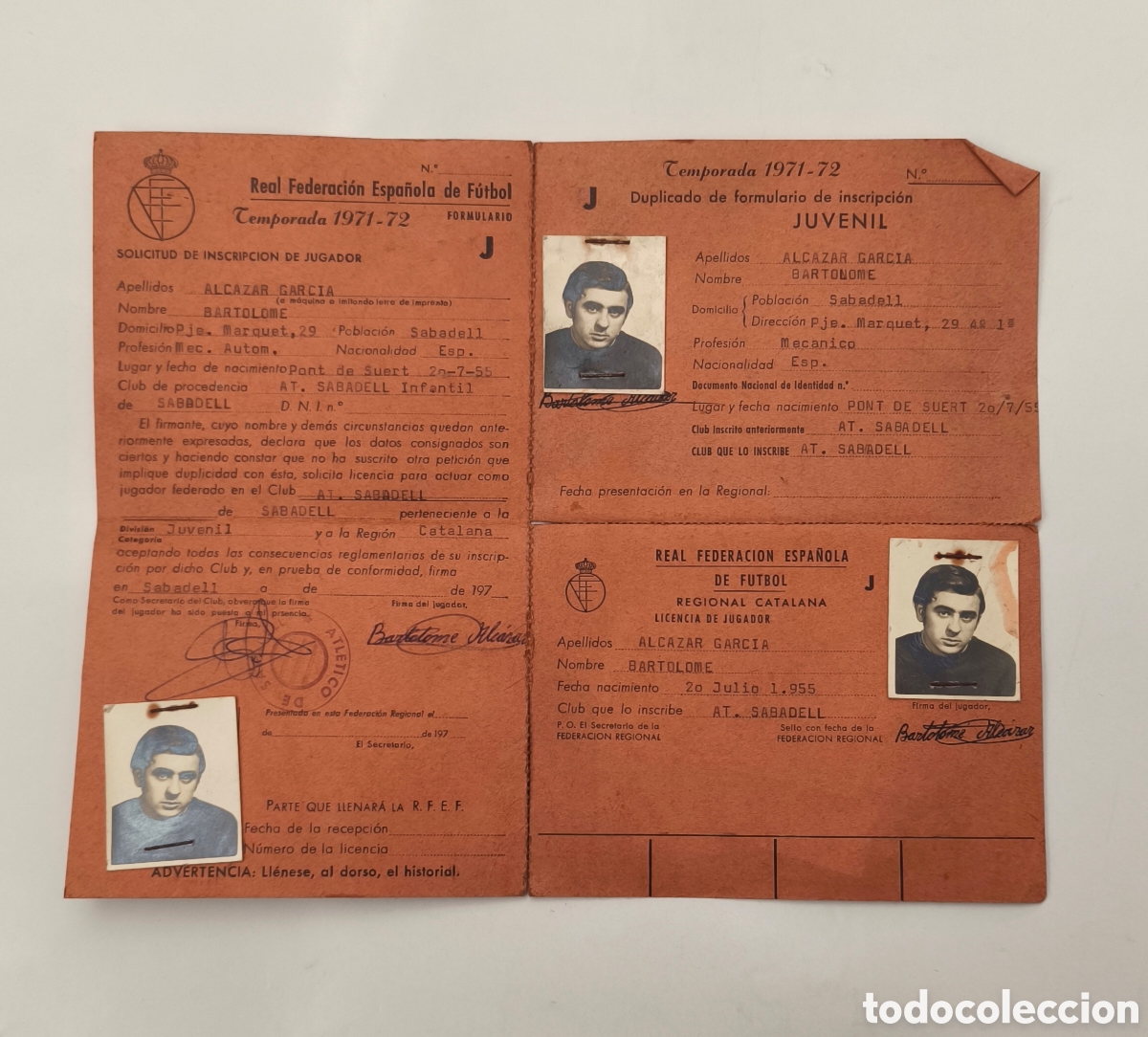 Coleccionismo deportivo: LICENCIA FEDERATIVA F&Uacute;TBOL 1971-72 &ndash; C.E. SABADELL &ndash; FICHA JUGADOR ORIGINAL RFEF &ndash; A&Ntilde;OS 70