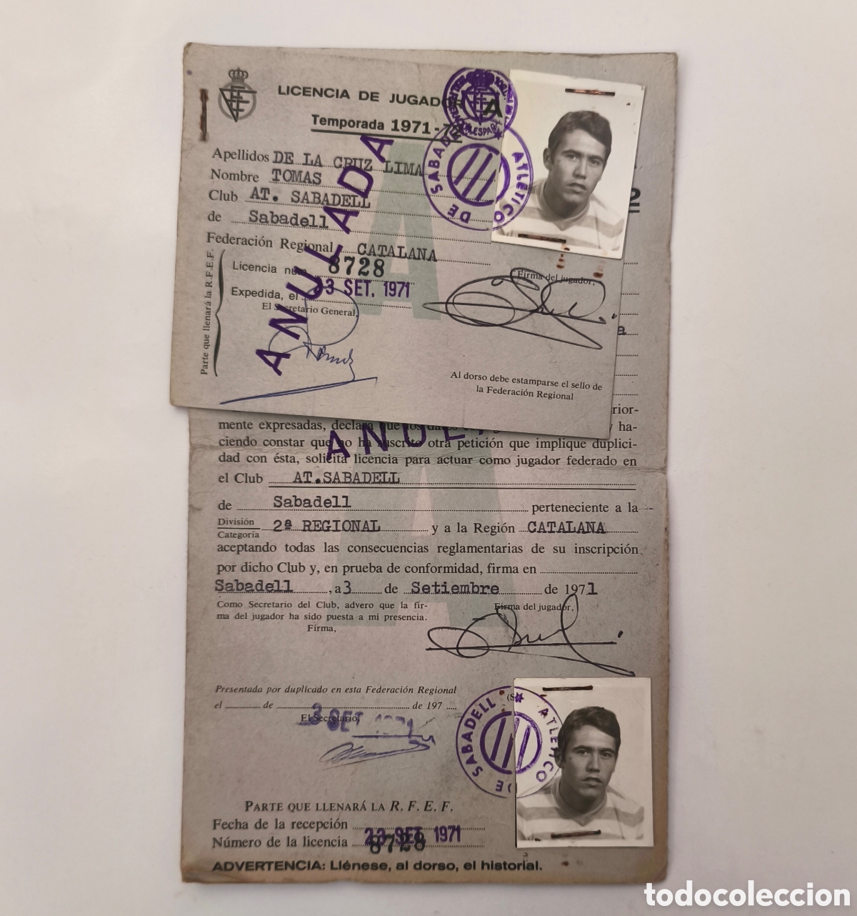 Coleccionismo deportivo: LICENCIA JUGADOR F&Uacute;TBOL AT. SABADELL 1971-72 &ndash; RFEF &ndash; ORIGINAL