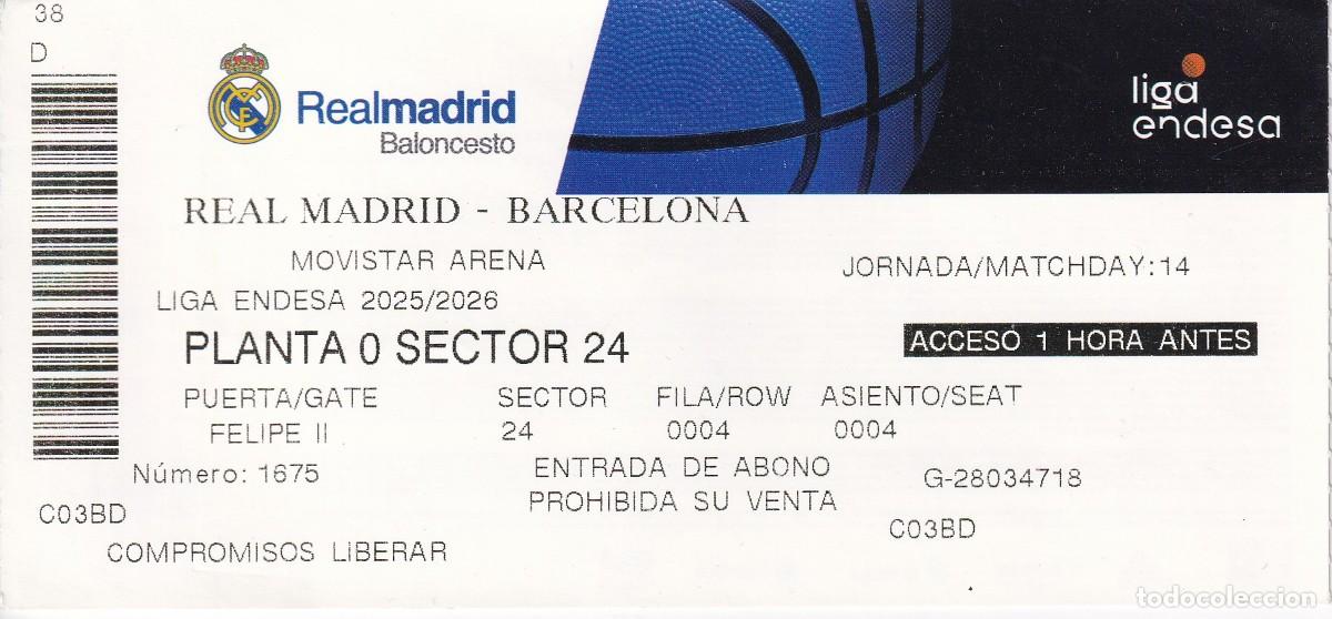 Coleccionismo deportivo: ENTRADA BALONCESTO REAL MADRID - BARCELONA LIGA ENDESA DEL A&Ntilde;O 2025/2026