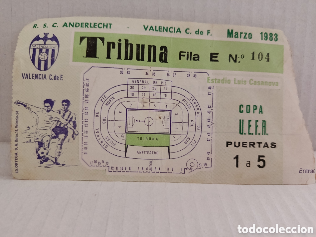 Coleccionismo deportivo: Antigua entrada de f&uacute;tbol valencia y anderlecht