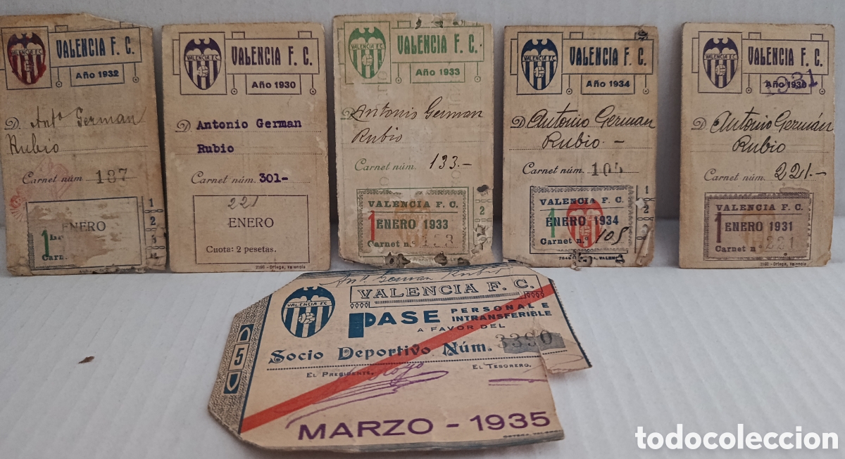 Coleccionismo deportivo: Lote de abono de f&uacute;tbol valencia a&ntilde;os 1930-31-32-33-34-35