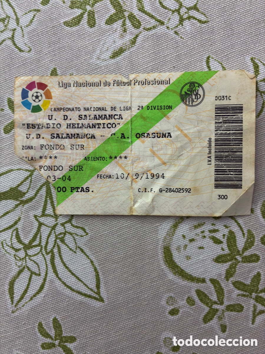 Coleccionismo deportivo: Entrada UD Salamanca vs CA Osasuna (1994) Estadio Helm&aacute;ntico 2&ordf; Divisi&oacute;n Retro Ptas