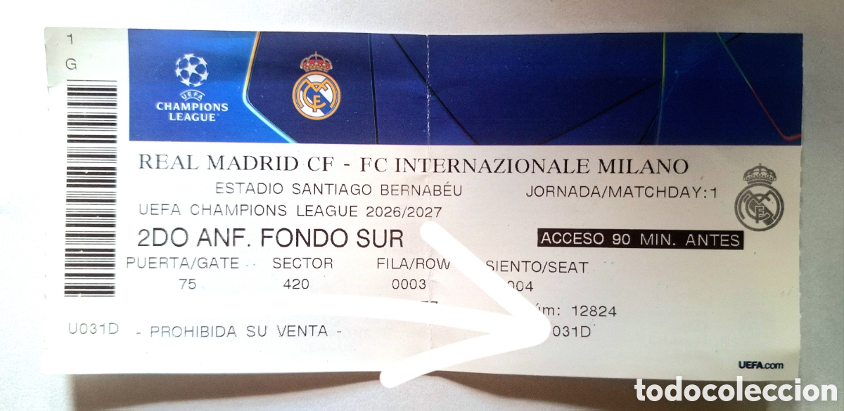 Coleccionismo deportivo: Entrada Champions Real Madrid Inter de Mil&aacute;n 2026/2027