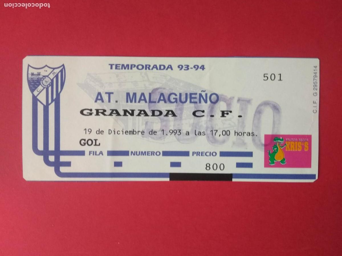 Coleccionismo deportivo: ENTRADA DE FUTBOL MALAGA TEMPORADA 93 94 1993 1994 ATLETICO MALAGUE&Ntilde;O - GRANADA CF