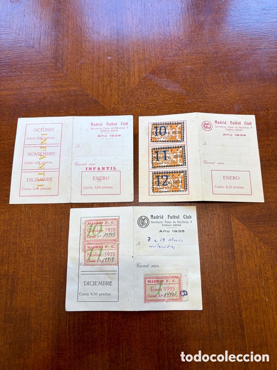 Coleccionismo deportivo: MADRID F.C. REAL MADRID &ndash; LOTE 3 CARNETS DE SOCIO 1934 Y 1935 &ndash; CUOTAS ORIGINALES