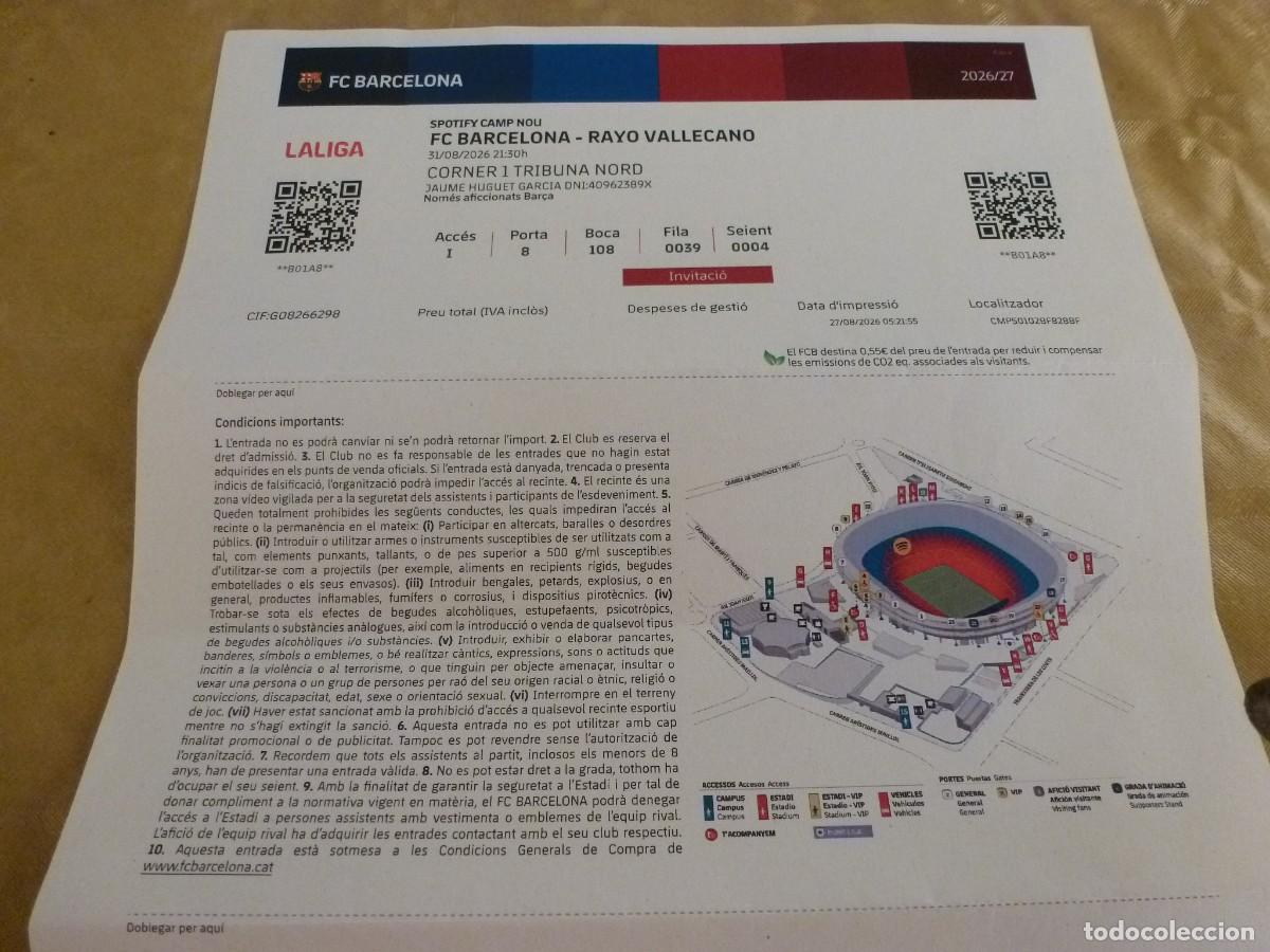 Coleccionismo deportivo: (LLL)-ENTRADA BAR&Ccedil;A SPOTIFY CAMP NOU LIGA TEMP. 2026-27- F.C.BARCELONA- RAYO VALLECANO