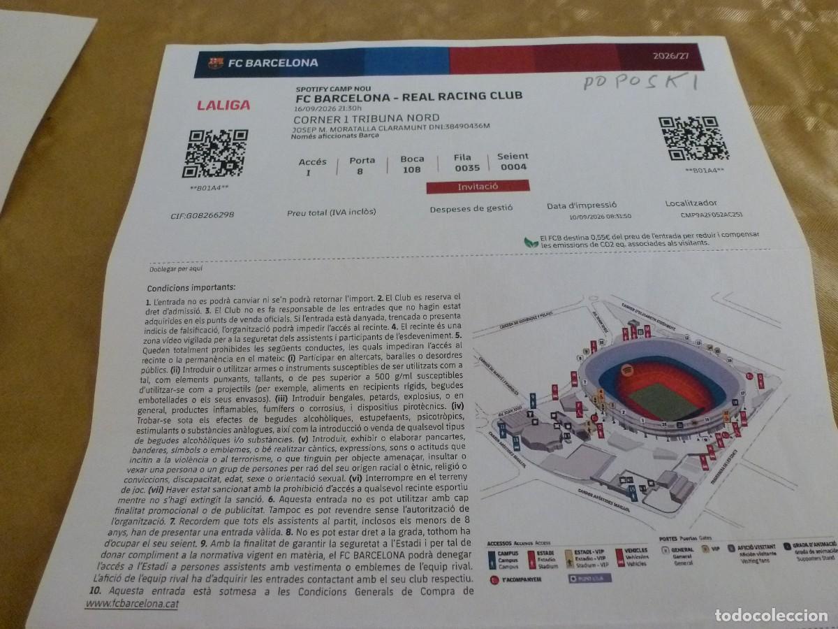 Coleccionismo deportivo: (LLL)-ENTRADA BAR&Ccedil;A SPOTIFY CAMP NOU LIGA TEMP. 2026-27- F.C.BARCELONA- RAYO VALLECANO