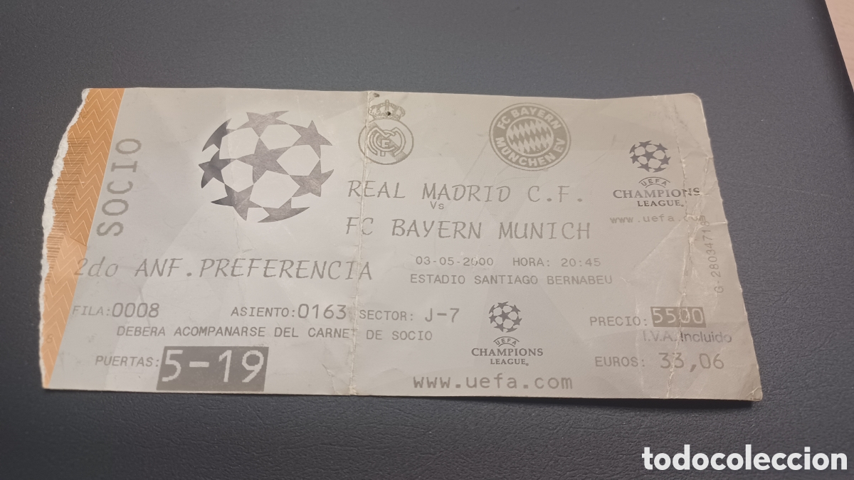 Coleccionismo deportivo: Entrada Champions 2000 Real Madrid Bayern