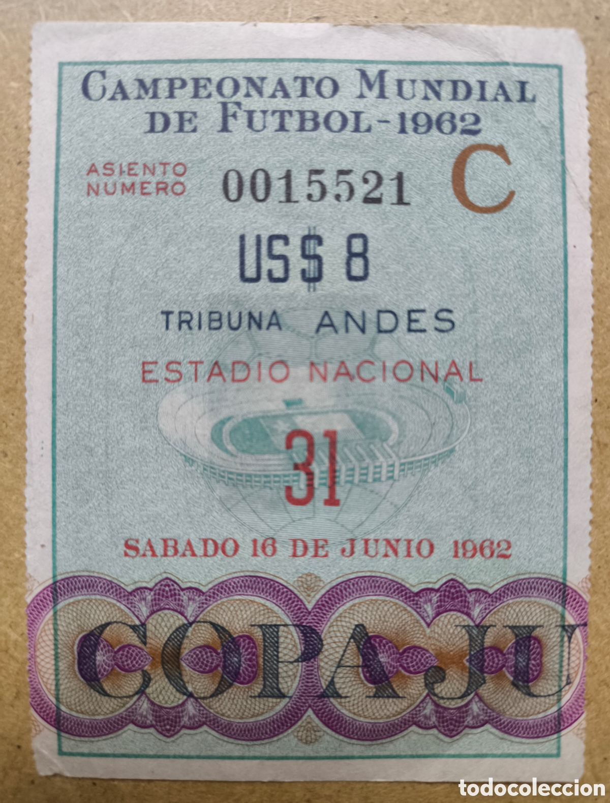 Coleccionismo deportivo: ENTRADA F&Uacute;TBOL CUP JULES RIMET TICKET FOOTBALL WORLD CUP CHILE GAME CHILE VS JUGOSLAVIA 1962