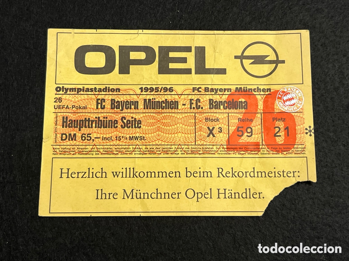 Coleccionismo deportivo: ENTRADA BAYERN MUNCHEN FC BARCELONA COPA UEFA 1995-96 SEMIFINAL FUTBOL BAR&Ccedil;A M&Uacute;NICH