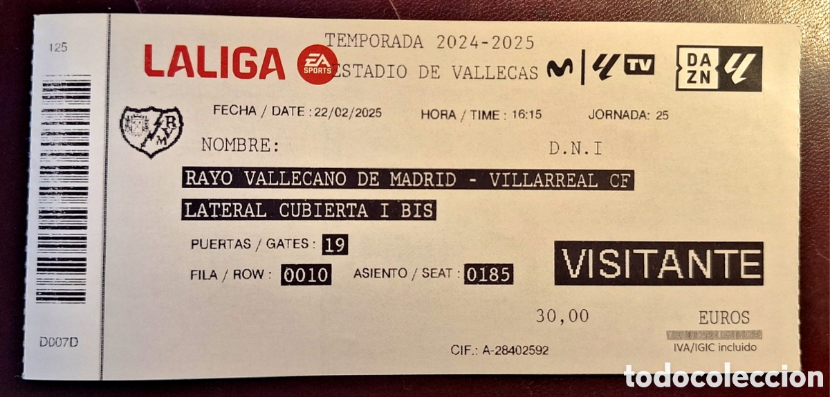 Coleccionismo deportivo: entrada Rayo Vallecano Villarreal 2024/2025