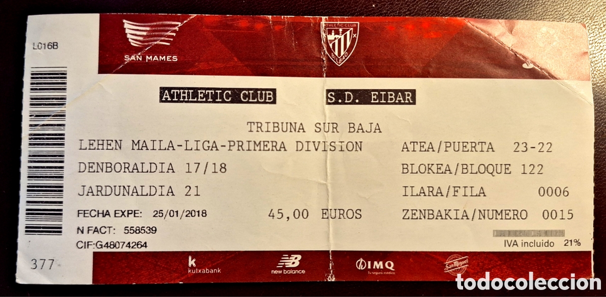 Coleccionismo deportivo: Entrada Athletic Bilbao Eibar 2017/2018