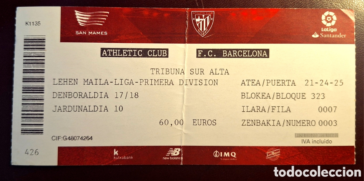Coleccionismo deportivo: Entrada Athletic Bilbao Barcelona 2017/20018