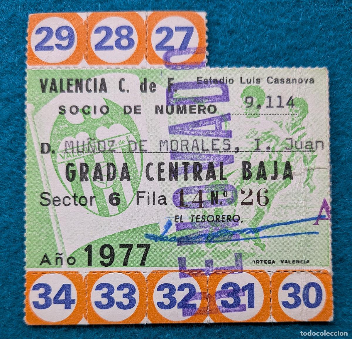 Coleccionismo deportivo: RW ENTRADA FUTBOL PASE ANUAL VALENCIA C.F A&Ntilde;O 1977 ESTADIO LUIS CASANOVA PRUEBA DE IMPRENTA EF63