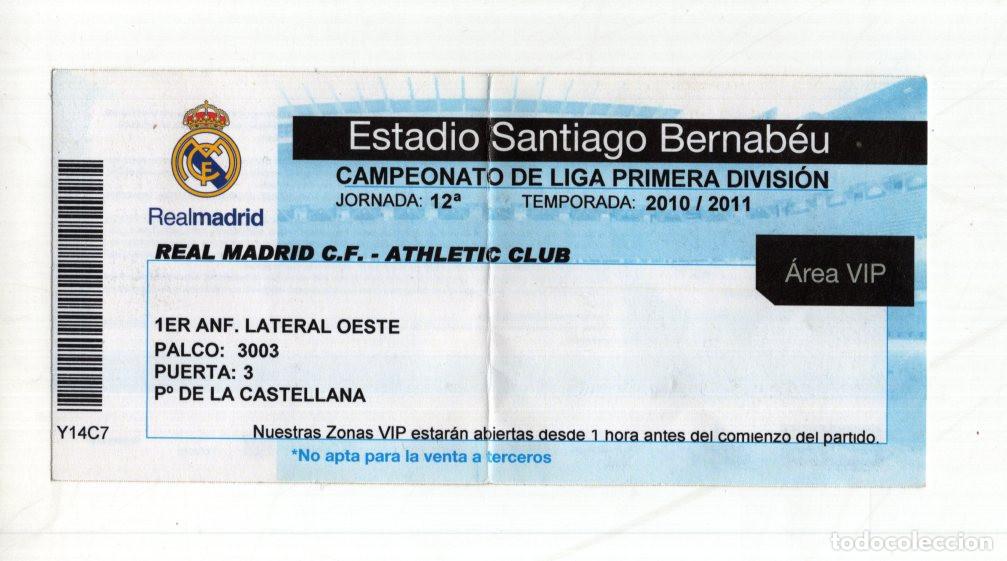 Collectionnisme sportif: ENTRADA VIP REAL MADRID-ATHLETIC CLUB (2010/11). SANTIAGO BERNAB&Eacute;U. LIGA 1&ordf; DIVISI&Oacute;N.