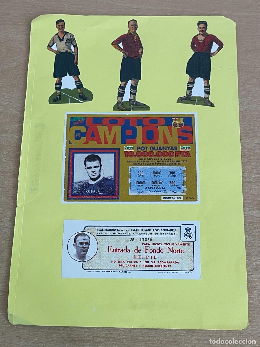 Coleccionismo deportivo: Reproducci&oacute;n de Entrada del Bernabeu Di Stefano a&ntilde;os 60 Loto Champions Kubala + 3 Cromos Jugadores