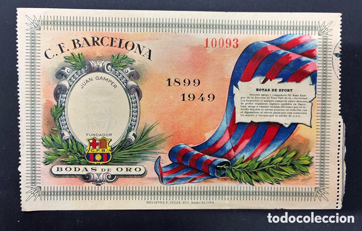 Coleccionismo deportivo: ENTRADA FUTBOL BODADAS DE ORO PARTIDO FC BARCELONA PALMEIRAS 1949