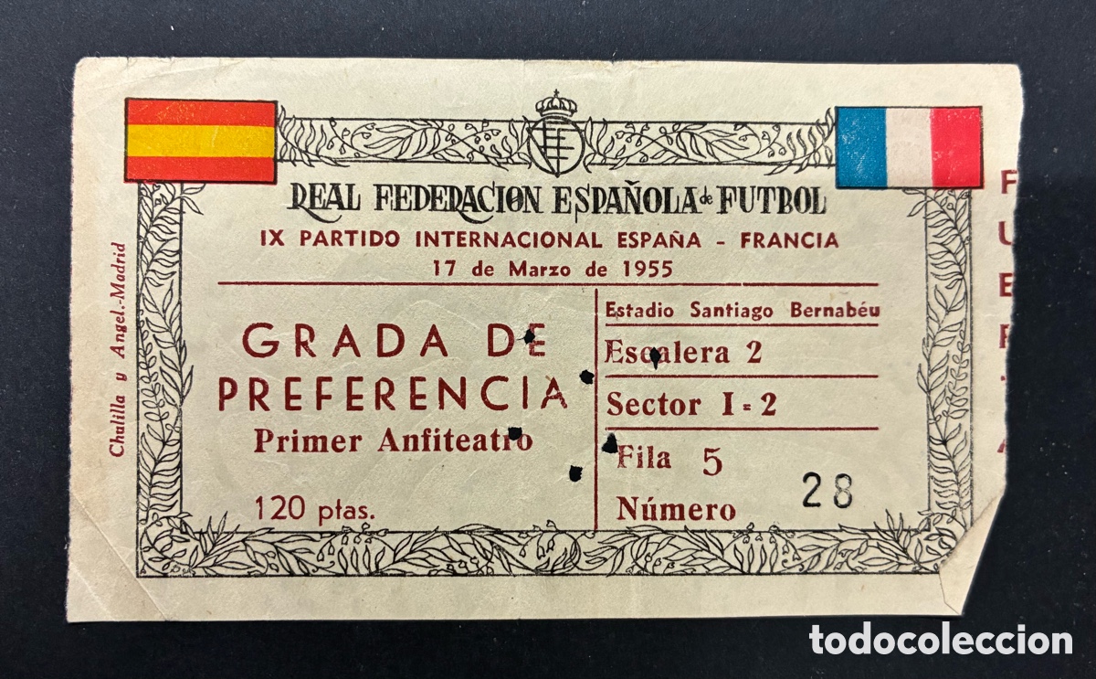 Sports collectibles: ENTRADA PARTIDO FUTBOL ESPA&Ntilde;A / FRANCIA ESTADIO BERBABEU MADRID 17 MARZO 1955