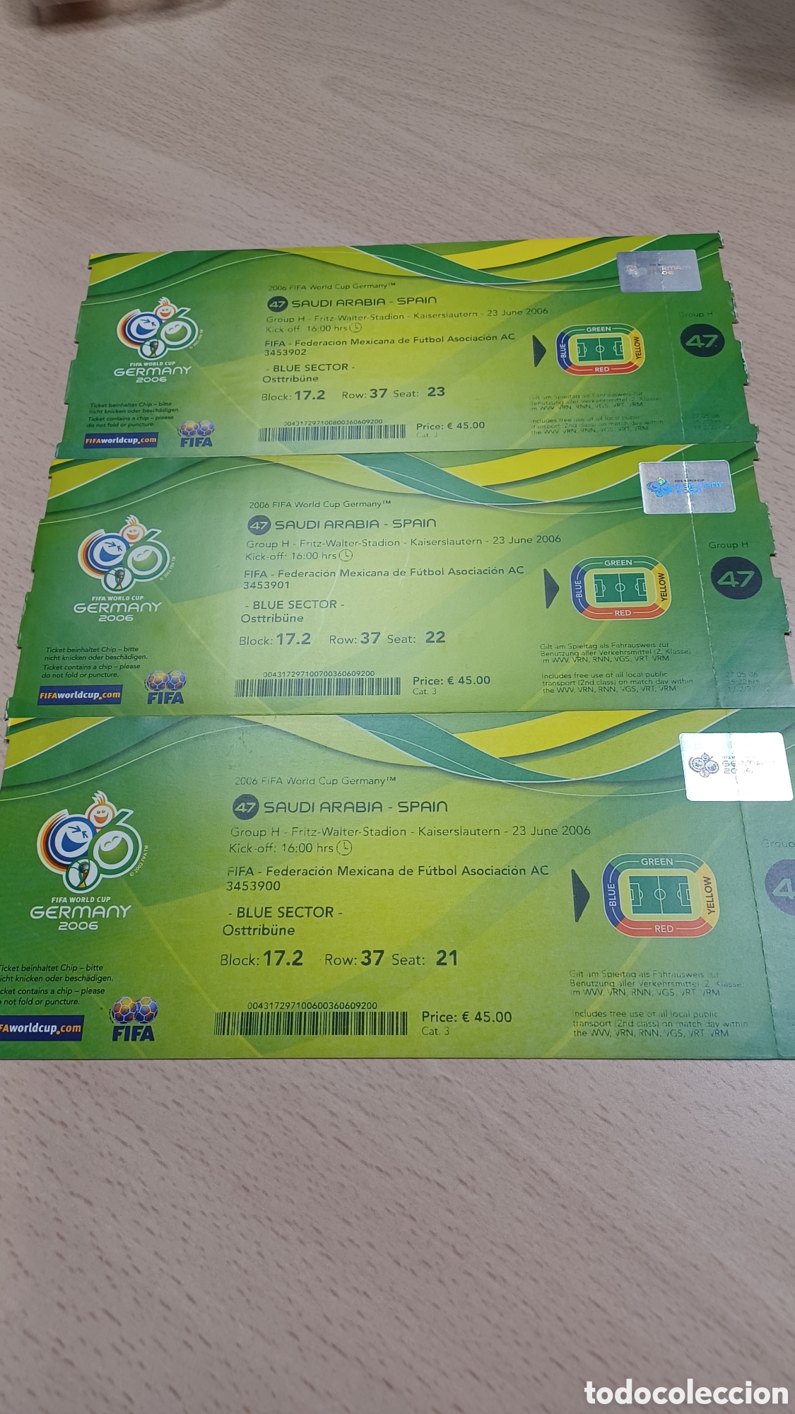 Collectionnisme sportif: Mundial Alemania 2006 Tres entradas consecutivas Arabia Saud&iacute; Espa&ntilde;a
