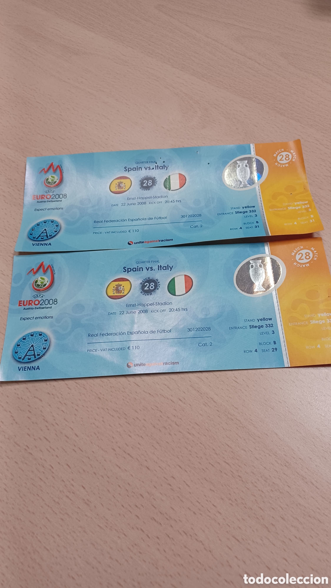 Sports collectibles: Euro 2008 Espa&ntilde;a Italia dos entradas consecutivas