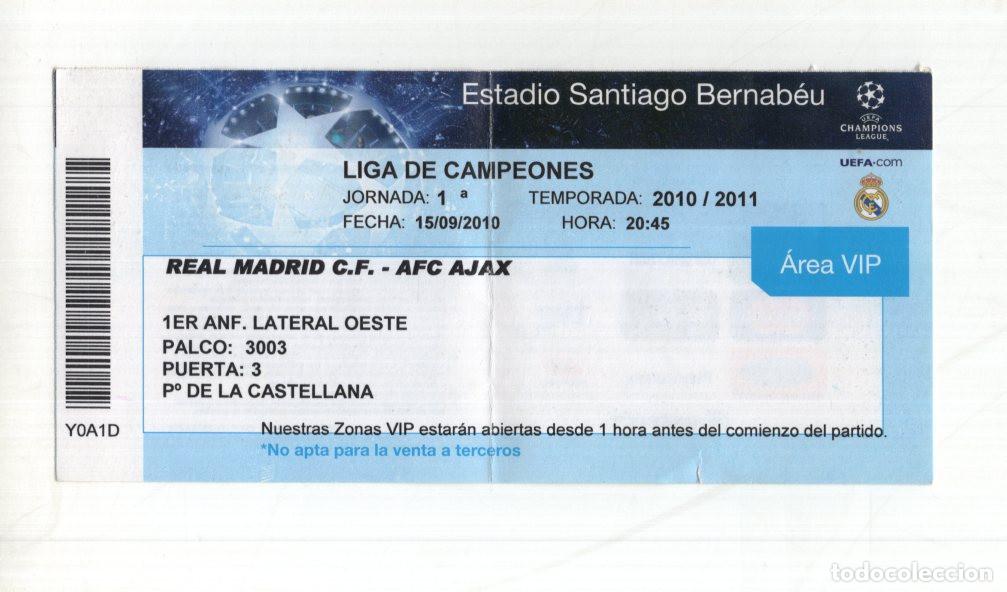 Sports collectibles: ENTRADA VIP REAL MADRID-AJAX CHAMPIONS 2010. SANTIAGO BERNAB&Eacute;U. LATERAL OESTE, PALCO 3003.