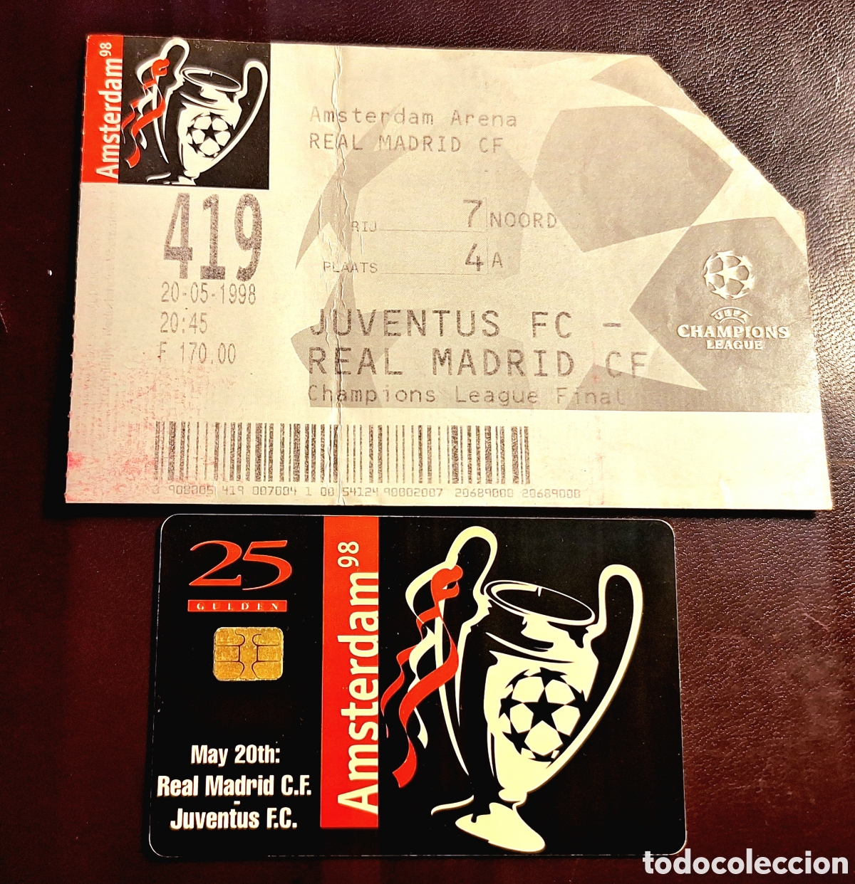 Sports collectibles: Entrada y tarjeta final champions 1998 Madrid Juventus