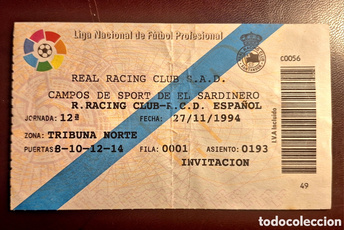 Coleccionismo deportivo: Entrada Racing Santander espa&ntilde;ol 1994