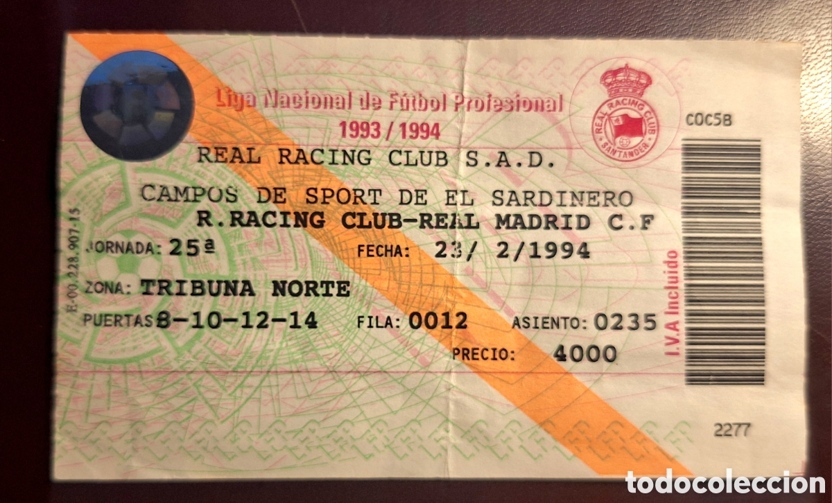Coleccionismo deportivo: Entrada Racing Santander Real Madrid 27/2/94