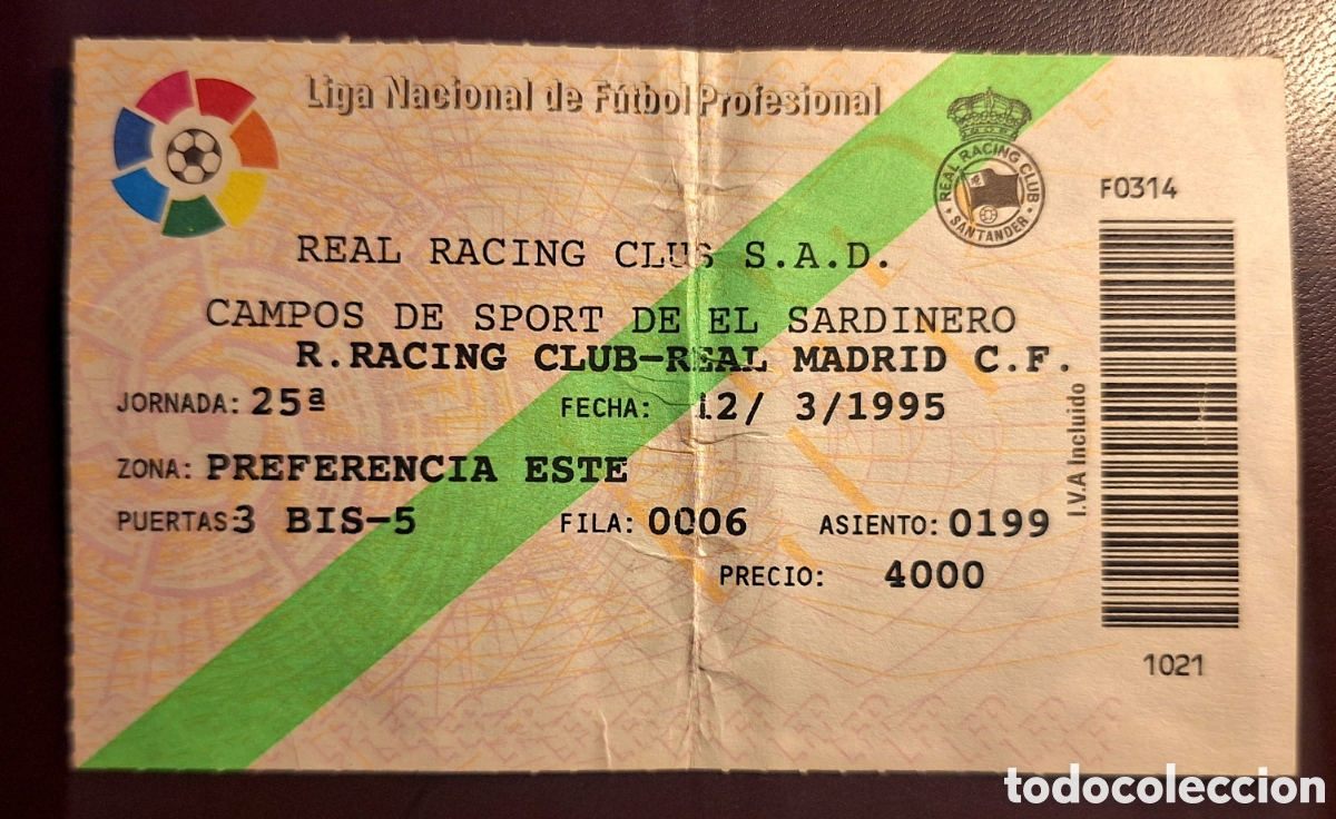 Coleccionismo deportivo: Entrada Racing Santander Real Madrid 1995