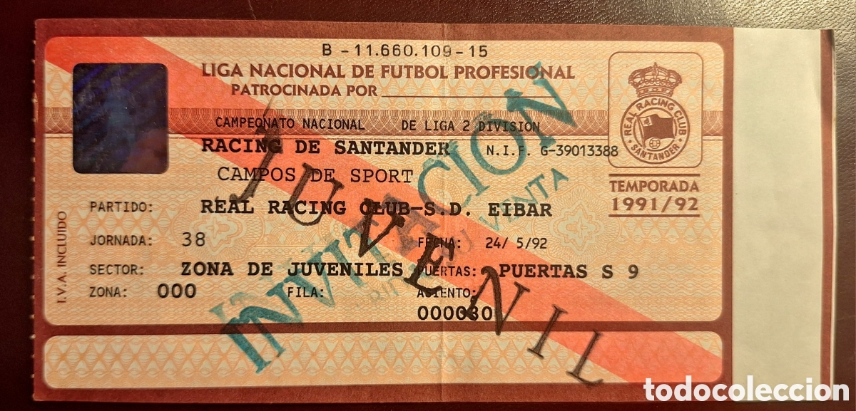 Coleccionismo deportivo: Entrada Racing Santander Eibar 1992