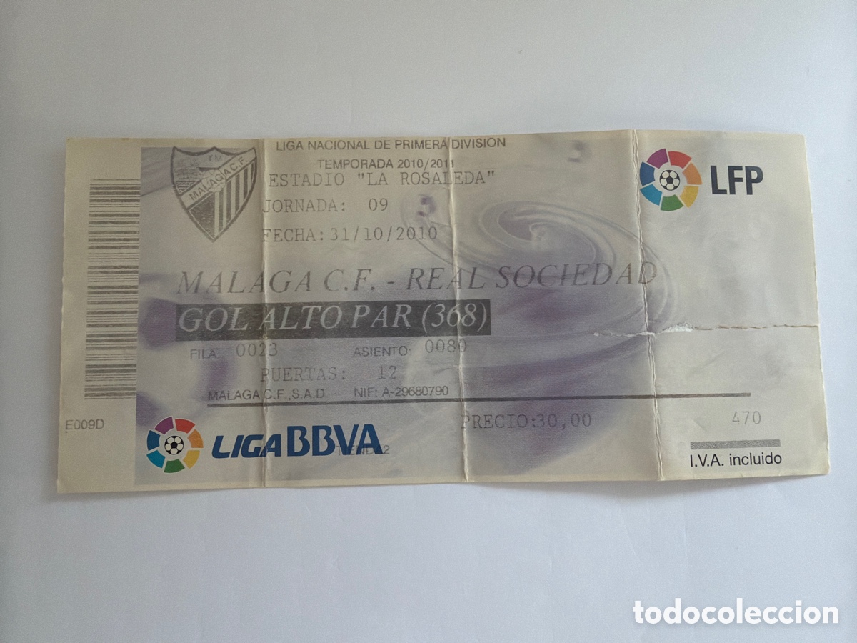 Coleccionismo deportivo: Entrada M&aacute;laga Real Sociedad 2010 2011 ticket La Romareda