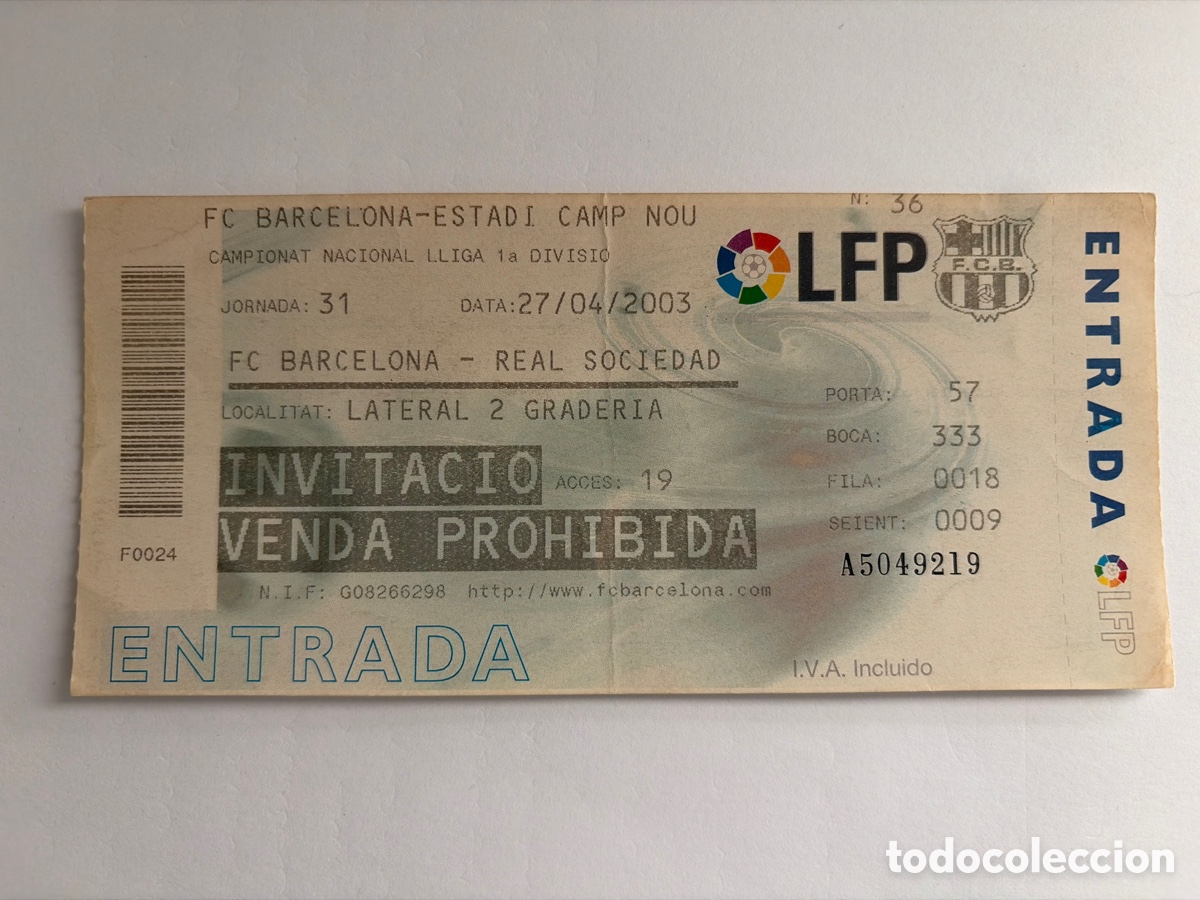 Coleccionismo deportivo: Entrada ticket Barcelona Real Sociedad 2002 2003