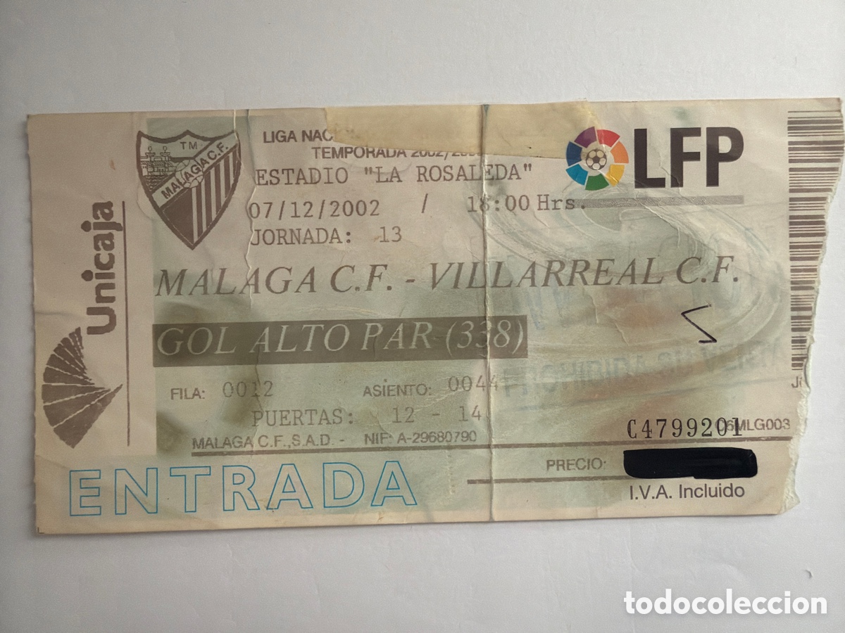 Coleccionismo deportivo: Entrada M&aacute;laga Villarreal 2002 2003 ticket Jornada 13 Gol Palermo Empate 1-1 La Rosaleda