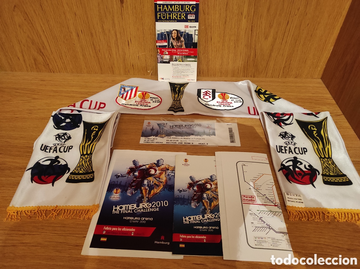 Sports collectibles: Lote Hist&oacute;rico Final Europa League 2010 Hamburgo - Entrada IMPECABLE + Folletos y Bufanda