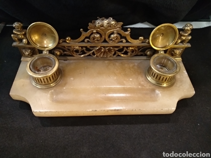 Escriban&iacute;a: Tintero de bronce y alabastro. - Foto 3