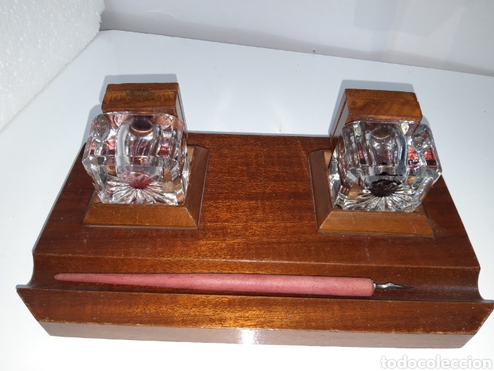 Escriban&iacute;a: Escribania 2 tinteros cristal y madera. - Foto 3