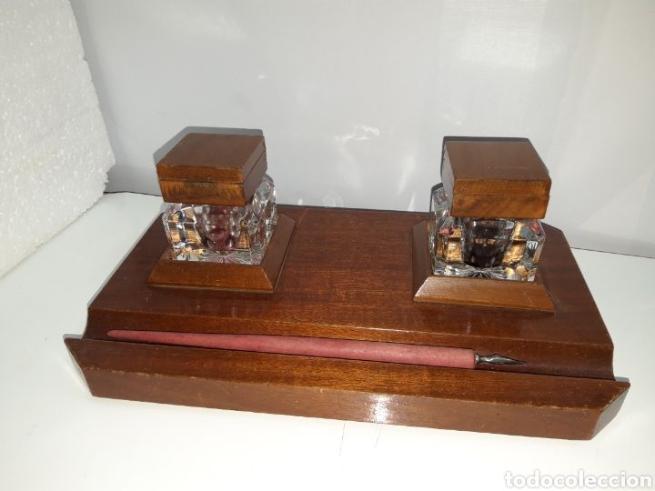Escriban&iacute;a: Escribania 2 tinteros cristal y madera. - Foto 1