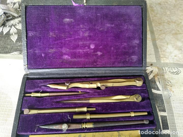 Escriban&iacute;a: Antiguo juego de compas completo en estuche con regla - Foto 3