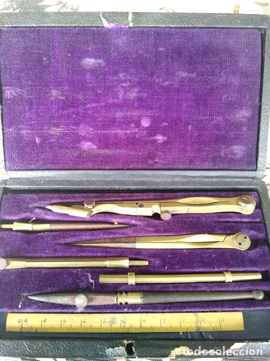 Escriban&iacute;a: Antiguo juego de compas completo en estuche con regla - Foto 4