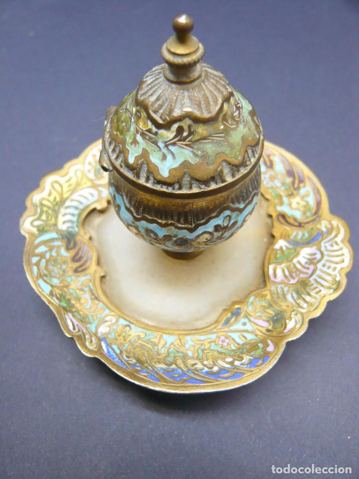 Escriban&iacute;a: Antiguo tintero franc&eacute;s Napoleon III con esmaltes champleve cloisonne - Foto 1