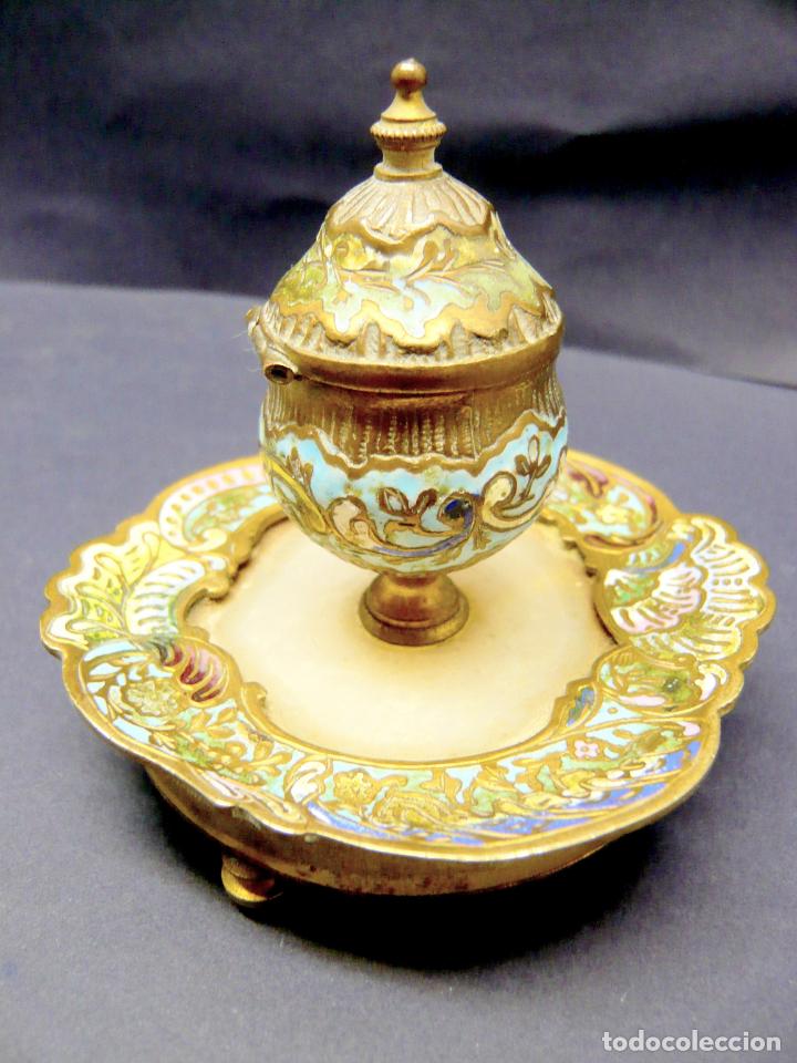 Escriban&iacute;a: Antiguo tintero franc&eacute;s Napoleon III con esmaltes champleve cloisonne - Foto 2