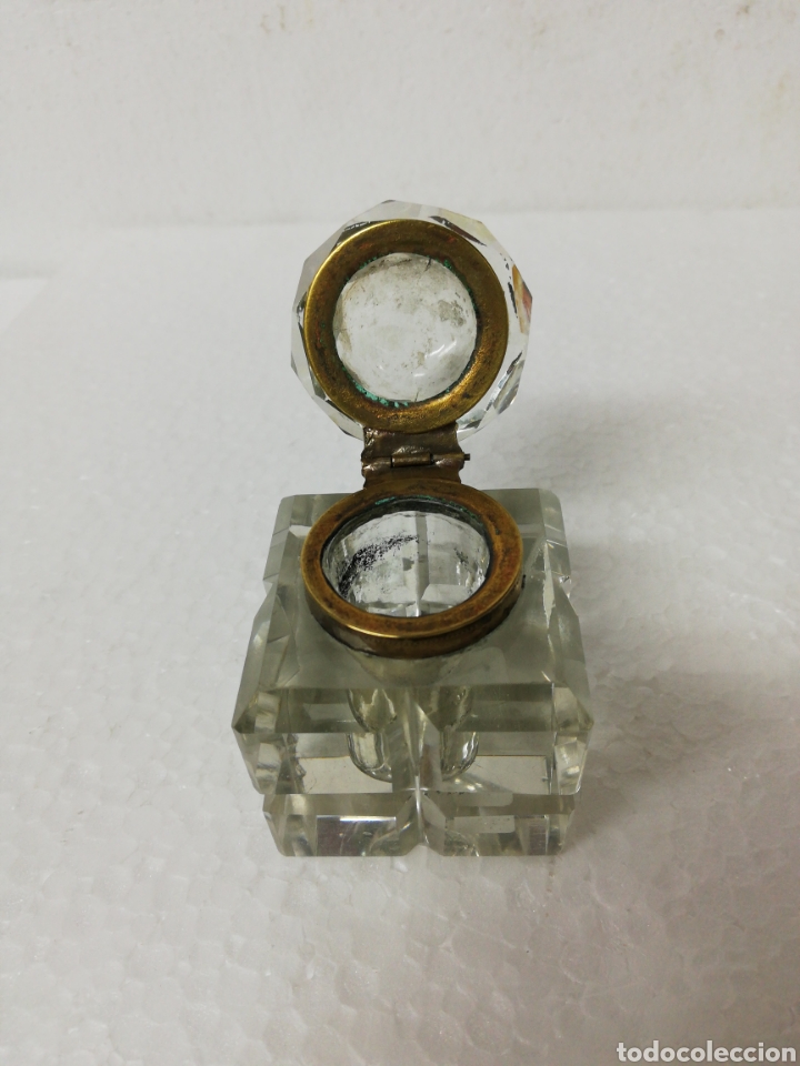 Escriban&iacute;a: Tintero cristal sobremesa tapa lat&oacute;n. - Foto 3