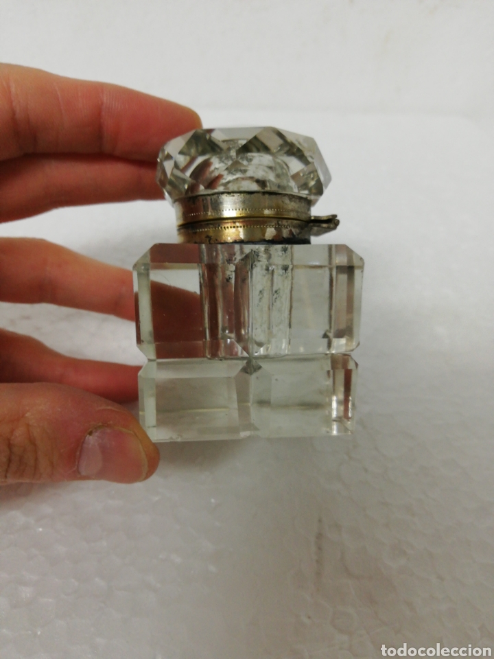 Escriban&iacute;a: Tintero cristal sobremesa tapa lat&oacute;n. - Foto 4