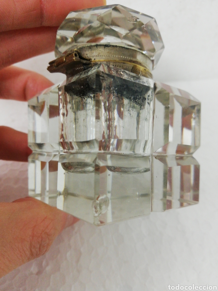 Escriban&iacute;a: Tintero cristal sobremesa tapa lat&oacute;n. - Foto 7