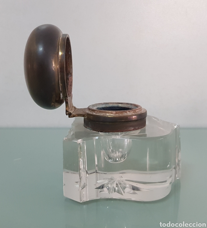 Escriban&iacute;a: ANTIGUO TINTERO DE CRISTAL TALLADO Y BRONCE - Foto 7